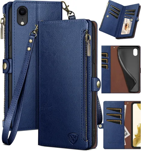 Miniatura 13 de XcaseBar Funda tipo cartera para iPhone XR de 6.1 pulgadas con bloqueo RFID, soporte para tarjetas de crédito con cremallera, funda de piel