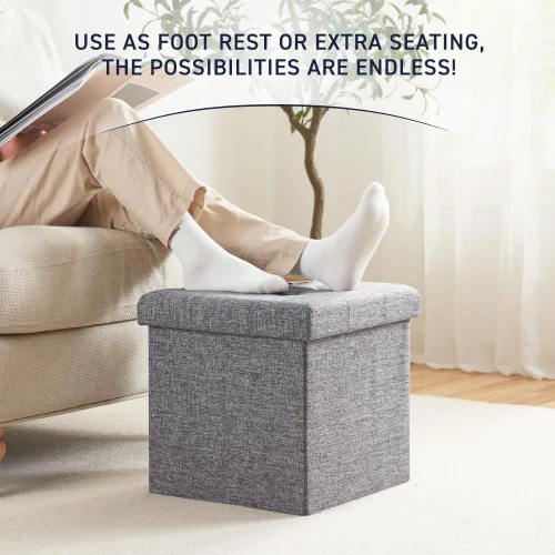 Miniatura 6 de Ornavo Home Otomán de Almacenamiento Plegable de Lino Acolchado Cubo Cuadrado Reposapiés/Asiento - 15" x 15" x 15" (Gris)