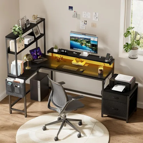 Miniatura 8 de REAHOME Escritorio en forma de L de 70 pulgadas con cajones de archivos y estantes de almacenamiento reversibles, escritorio de computadora con toma