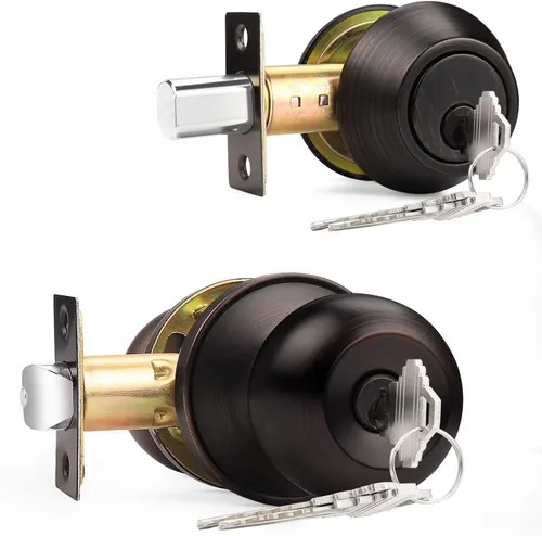 Probrico - Cerradura de puerta de entrada con pomo y cerrojo de cilindro simple color bronce ennegrecido con llave, juego de cerraduras Bronce