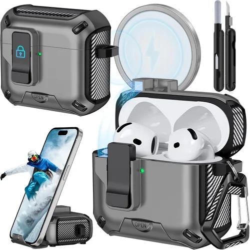 Miniatura 39 de Funda para AirPods Pro 2 (2023/2022/2019) con soporte para teléfono, (con interruptor a presión automático), diseño de fibra de carbono, cubierta