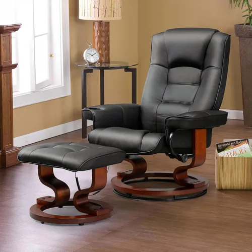 Miniatura 2 de AVAWING Silla reclinable con masaje por vibración, reclinable, de piel sintética, con otomana, giratoria, de madera, para sala de estar, color negro