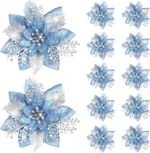 Miniatura 18 de Canlierr 12 piezas flores de Pascua de Navidad de 5.7 pulgadas con purpurina, flores artificiales con clips, adorno de árbol de Navidad para corona