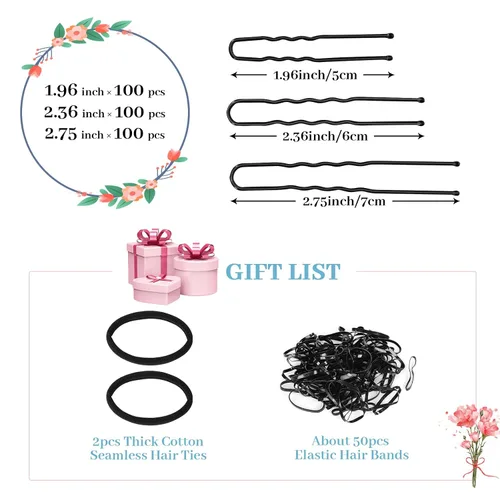 Miniatura 2 de Juego de 300 horquillas en forma de U para mujeres, niños y niñas: 2.8 pulgadas, 2.4 pulgadas, 2 pulgadas con caja de almacenamiento, 2 lazos Negro
