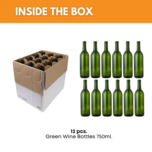 Miniatura 2 de FastRack W5 750ml Botellas de vino verde (paquete de 12), botellas de licor Bordeaux vacías para bebidas, 12 por caja - SIN CORCHOS INCLUIDOS