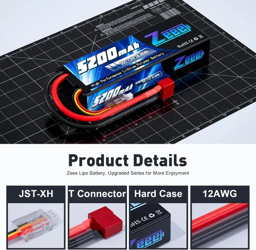 Miniatura 3 de Zeee Lipo Battery 2S 50C 5200mAh Lipos Estuche rígido con conector T para coches RC camiones 1/8 1/10 RC Vehículos (2 paquetes)