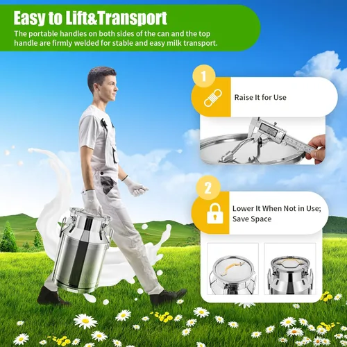 Miniatura 9 de Lata de leche de acero inoxidable de 30L/7.9 galones con tapa, cubo de leche resistente con mango ergonómico y tapa hermética, recipiente sólido