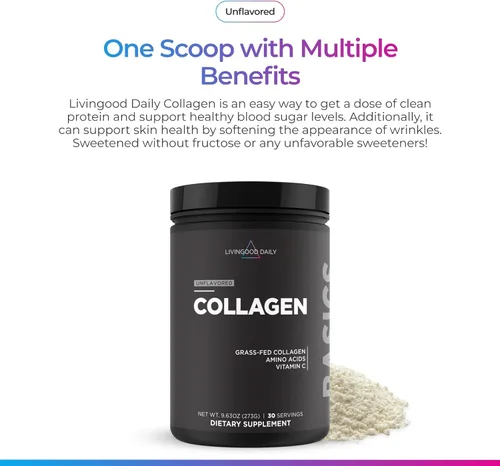 Miniatura 2 de Livingood Daily Polvo de colágeno sin sabor para mujeres y hombres, péptidos de colágeno hidrolizados en polvo con vitamina C, proteína con 20