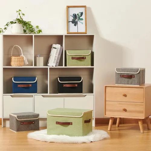 Miniatura 4 de Cajas de almacenamiento con tapa, contenedores de almacenamiento de tela de lino y algodón, contenedores organizadores, cestas decorativas plegables