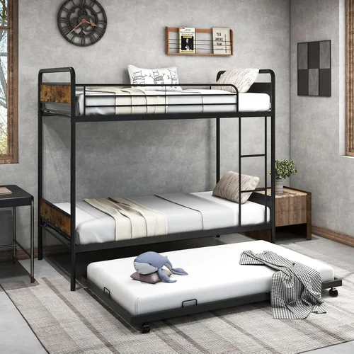 Miniatura 7 de Giantex Litera de metal individual sobre cama individual con nido, literas industriales individuales con escalera y barandillas de longitud