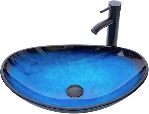 Lavabo de Recipiente Lavabos de Baño Vidrio Templado Azul Cuenca de Arte 20.8"x13.7" Cuenco Ovalado Sobre Encimera con Grifo y Desagüe Pop-Up Combo,