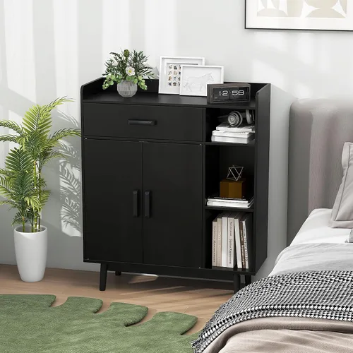 Miniatura 6 de Giantex Gabinete de Almacenamiento de Piso, Armario Independiente con 1 Cajón, 2 Puertas, 3 Estantes, 4 Patas de Madera de Caucho, Aparador, Unidad