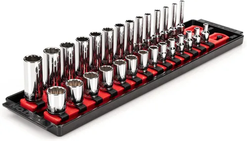 TEKTON - Juego de llaves de vaso de 1/4 pulgada con 12 puntos, con rieles y bandeja, 28 piezas (4-15 mm) | SHD90214