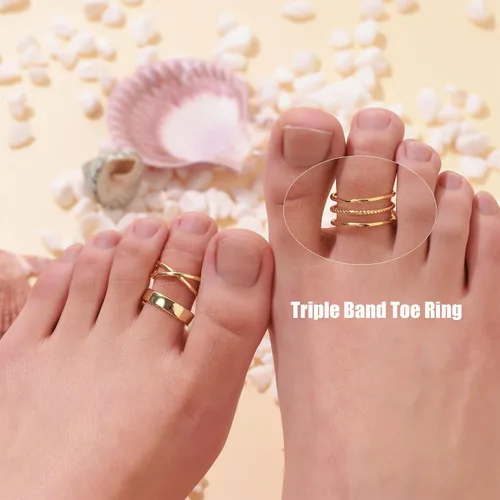 Miniatura 4 de PLOMFOV Anillos de dedo del pie de oro de 14 quilates rellenos de oro para mujer, anillos ajustables para los dedos del pie que no se deslustran