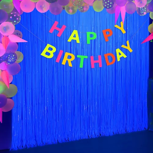 Miniatura 5 de Suministros de fiesta Mega-Loopolis con brillo en la oscuridad, pack de 2 decoraciones de fiesta neón de 6.6 x 6.6 pies, cortinas de flecos de papel