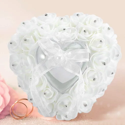 Miniatura 7 de TOPINCN Almohada de boda, soporte de caja de corazón de boda, romántica en forma de corazón, caja de boda, decoración de rosa, cojín de almohada