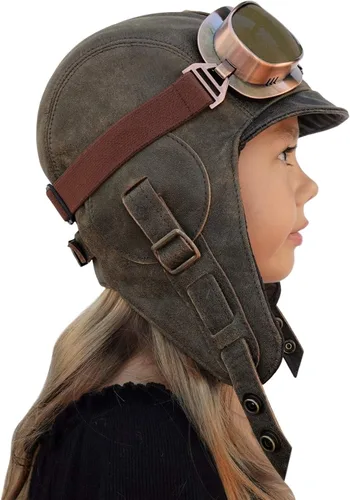 Miniatura 2 de Sombrero de aviador para niños, cuero marrón real, disfraz, casco volador de piloto, sombrero steampunk para niños