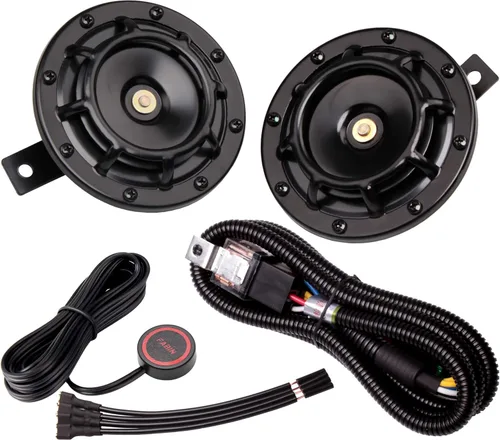 FARBIN Bocina de coche impermeable tono súper fuerte 12V tono alto/tono bajo kit de bocinas gemelas de metal con rejilla protectora (bocina negra