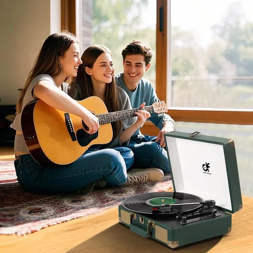 Miniatura 8 de Tocadiscos de vinilo Bluetooth de 3 velocidades portátil tipo maleta con altavoces integrados, grabación USB de vinilo a MP3, RCA, AUX y salida