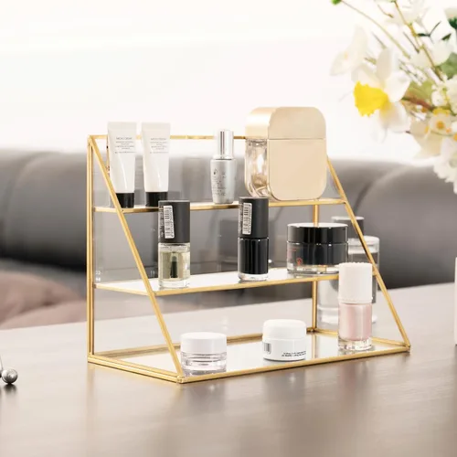 FSyueyun Estuche organizador de maquillaje dorado, 3 capas de almacenamiento de maquillaje de vidrio, organizador de cosméticos, soporte de anillo