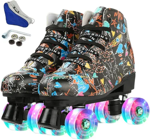 Silvertree Patines de ruedas para mujeres y hombres de cuero de poliuretano de alta calidad para adultos, patines de derby de ruedas ligeras, negro