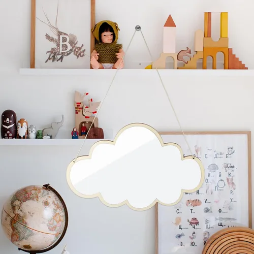 Miniatura 2 de HOMSFOU Espejo de pared colgante nórdico, espejo decorativo en forma de nube con marco de madera y cuerda de cáñamo para baño, dormitorio