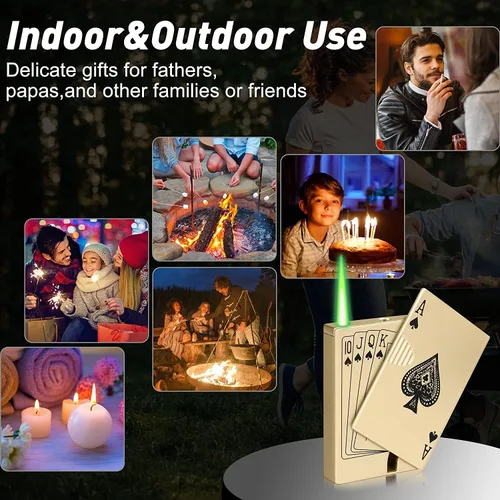 Miniatura 3 de Encendedor de antorcha de chorro, Ace Card Green Flame Lighter, diseño de póker de metal, resistente al viento, recargable, butano, encendedor