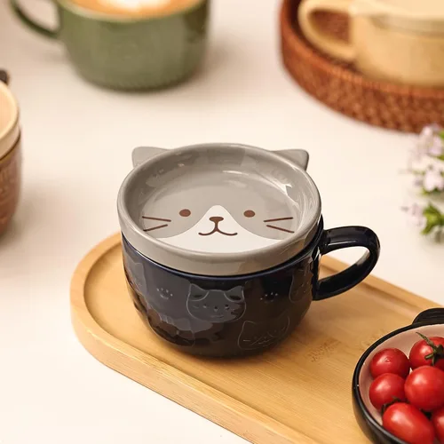 Miniatura 5 de Linda Taza de Cerámica para Gatos con Tapa, Tazas de Café Kawaii o Tazas de Té para Amantes de los Gatos, Tazas Divertidas de Novedad