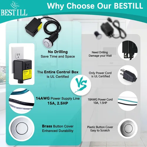 Miniatura 9 de BESTILL Kit de interruptor de aire para eliminación de basura - Certificado UL, botón de interruptor superior de fregadero sin cable para triturador