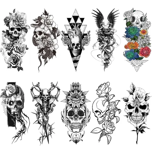10 hojas de tatuajes temporales realistas de flores de calavera para brazo de mujer, sexy calavera rosa, serpiente, tatuajes falsos florales, manga
