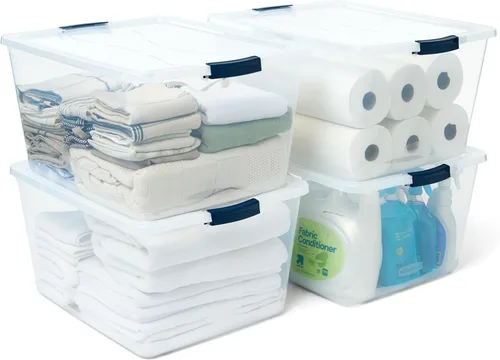 Miniatura 11 de Rubbermaid Cleverstore - Paquete de 4 recipientes de plástico apilables de 41 cuartos con tapas de cierre duraderas, organización visible, aula