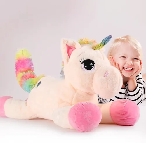 Miniatura 8 de Tezituor Juguetes de unicornio de peluche de 32 pulgadas, animales de unicornio gigante beige de peluche, encantadoras decoraciones de peluche