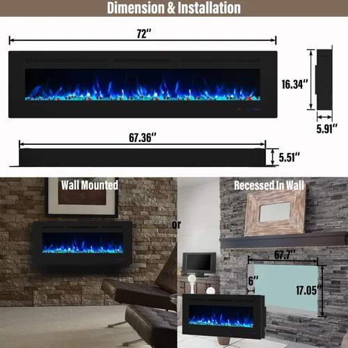 Miniatura 5 de Chimenea eléctrica de 72 pulgadas, calentador de chimenea empotrado y de pared, inserto de chimenea silencioso y lineal con color de llama ajustable