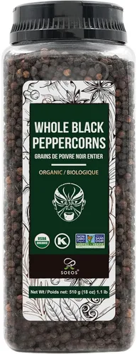 Soeos Granos de pimienta negra orgánica, 18 onzas (paquete de 1), sin OMG, kosher, empacados para mantener los granos de pimienta frescos, granos de
