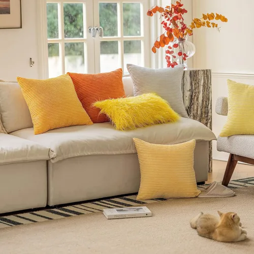 Miniatura 6 de Home Brilliant Funda de cojín decorativo amarillo mostaza 18x18 de pana acanalada suave a rayas decoración de otoño para sofá cama decoración