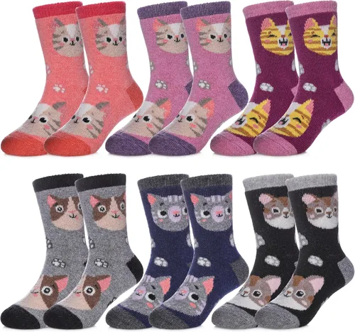 FNOVCO Calcetines de lana para niños pequeños, cálidos, de lana gruesa, para senderismo, térmicos, acogedores, para niños y niñas, paquete de 6