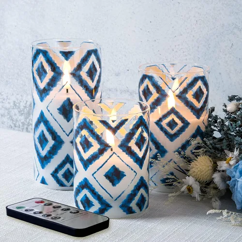 Eywamage Velas geométricas azules sin llama en frascos de vidrio, velas LED parpadeantes con batería parpadeante con control remoto, juego de 3