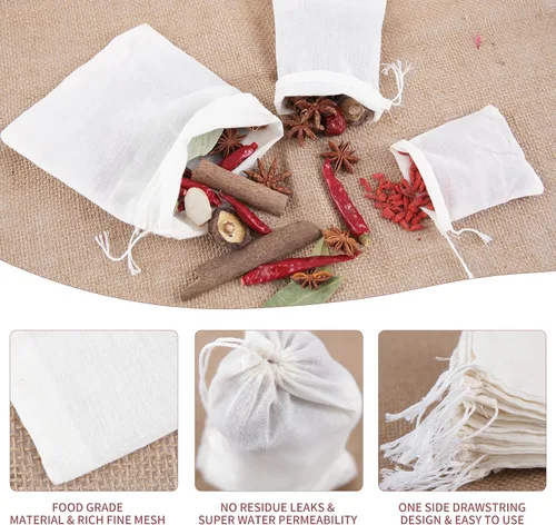 Miniatura 4 de YICHEN 50 bolsas de especias vacías para cocinar sopa, bolsas de filtro de té pequeñas blancas con cordón, material de algodón, bolsas de muselina