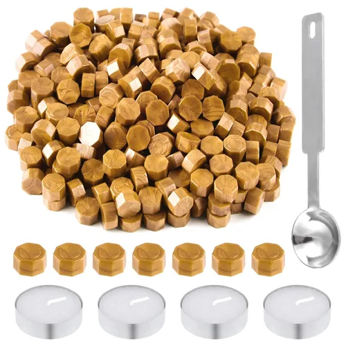 Miniatura 13 de 500 piezas de cuentas de cera octogonales para sellos de cera de bronce con 4 velas de té y 1 cuchara para derretir cera para manualidades, cartas