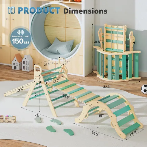 Miniatura 8 de BlueWood Juego de triángulo Pikler 10 en 1, juguetes de escalada para niños pequeños en interiores, escalador Montessori, gimnasios de la jungla