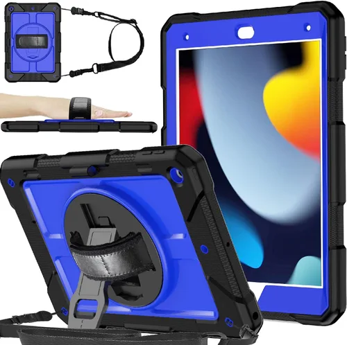 Miniatura 11 de BMOUO Funda para iPad de 9ª/8ª/7ª generación de 10.2", a prueba de golpes con soporte giratorio de 360°, correa de hombro y mano, funda para iPad