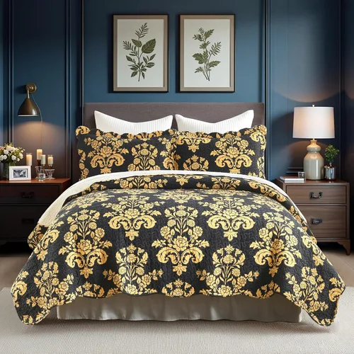 Juego de edredón de 3 piezas, 100% algodón suave, diseño floral negro y amarillo, reversible, ligero, para todas las estaciones
