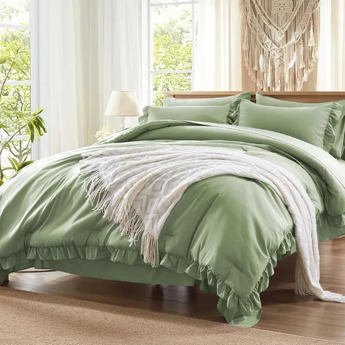 Miniatura 11 de Anluoer - Juego de cama individual con edredón de 5 piezas, rosa en una bolsa con sábanas, juego de ropa de cama de todos los días con volantes