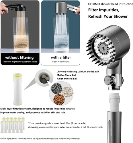 Miniatura 3 de Cabezal de ducha filtrado con mano, alta presión, 3 modos de pulverización, cabezal de ducha con filtros, 12 filtros de suavizador de agua
