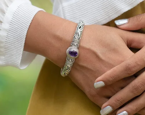 Miniatura 3 de Pulsera de plata de ley étnica de Bali con piedra de amatista B1, Plata de ley Plata, Amatista