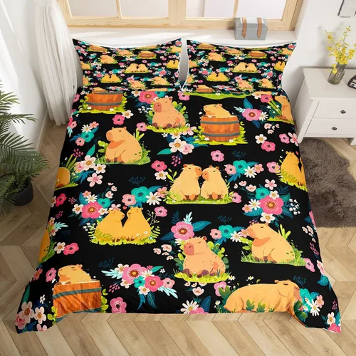 Miniatura 16 de Capybara - Juego de ropa de cama tamaño individual para niños y niñas, funda de edredón de animales roedores, funda de edredón de Capybara, regalos