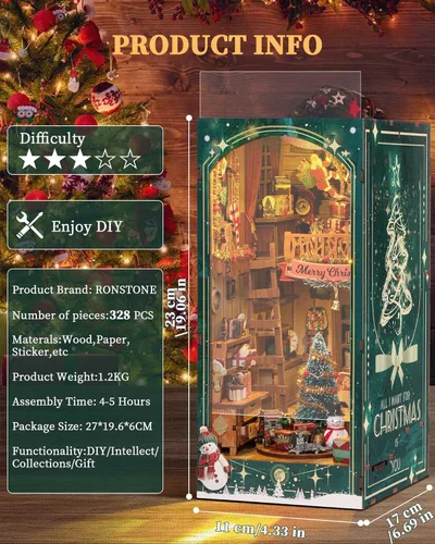 Miniatura 4 de RONSTONE - Kit de manualidades para rincón de lectura DIY - Kit de casa de muñecas navideña en miniatura 3D, rompecabezas de madera con luz LED