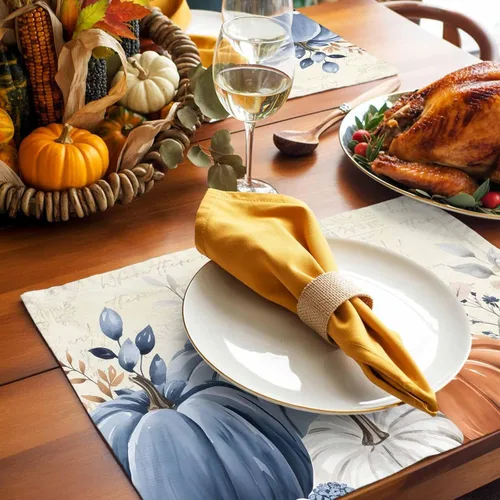 Miniatura 5 de Juego de 4 manteles individuales de otoño con diseño de calabaza azul, hojas florales, manteles individuales de otoño, lavables, cosecha, Acción