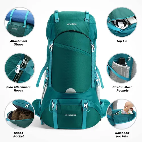 Miniatura 3 de HOMIEE 50L Hiking Backpack Travel Bag Waterproof Camping Rucksack with Rain Cover Lightweight Backpacking Backpack Verde militar