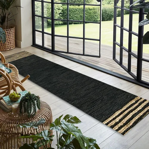 GRUHUM Alfombra de pasillo de yute 2'6" x 8' pies, fibra natural, negra, rectangular, de yute, cuero, tejida a mano, estilo bohemio, para casa de